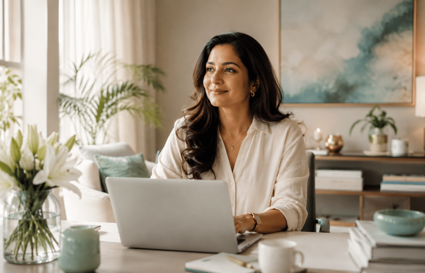 A calm professional woman working with purpose in a warm workspace