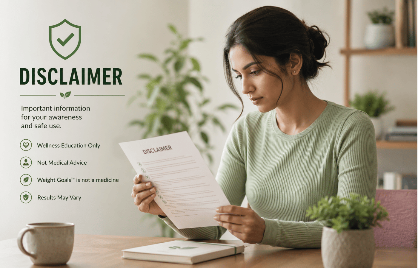 A calm woman reading important wellness information before beginning her journey