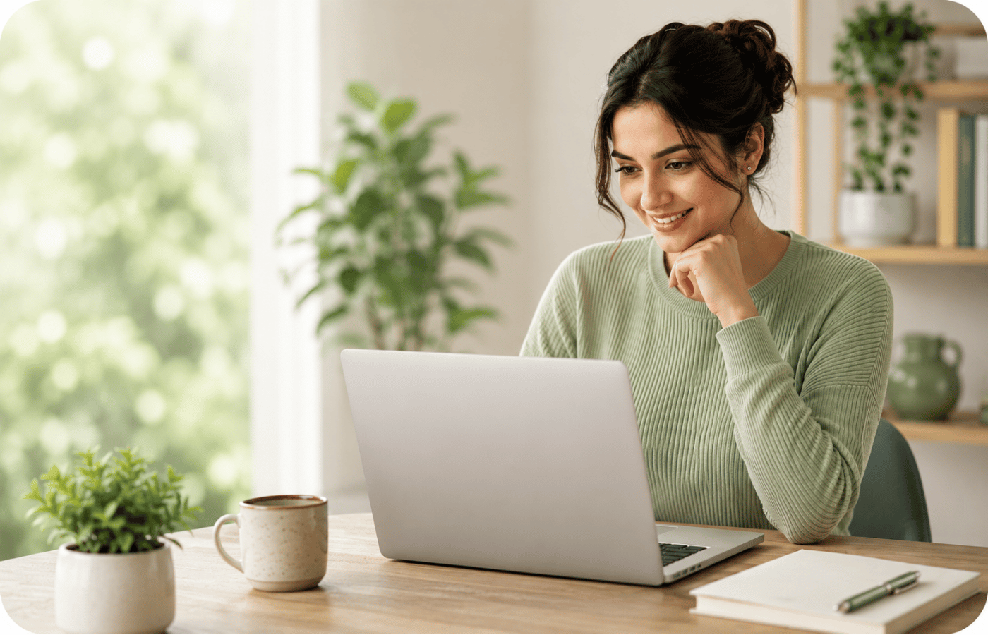 A calm woman finding helpful guidance on her laptop at home