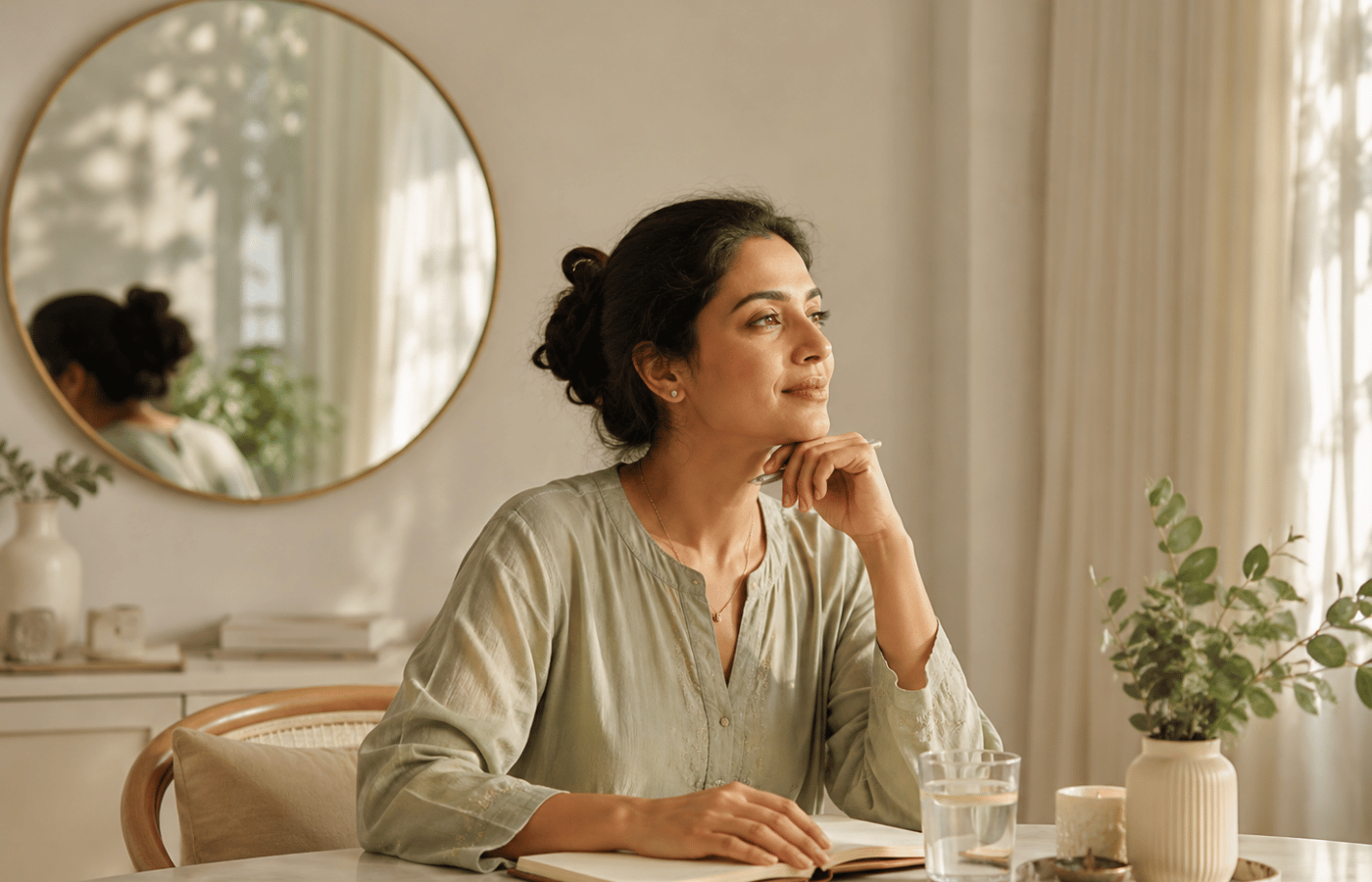 A calm working woman understanding her wellness journey
