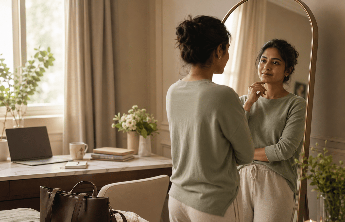 A woman reflecting calmly in front of a mirror