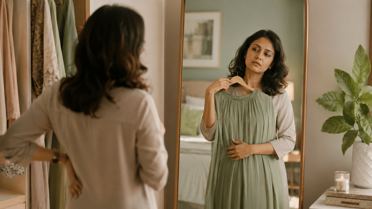 Woman quietly looking at clothes in her wardrobe