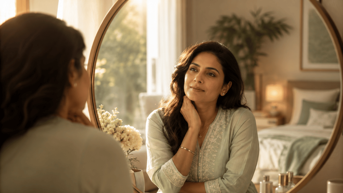 Woman looking at herself in the mirror with quiet reflection