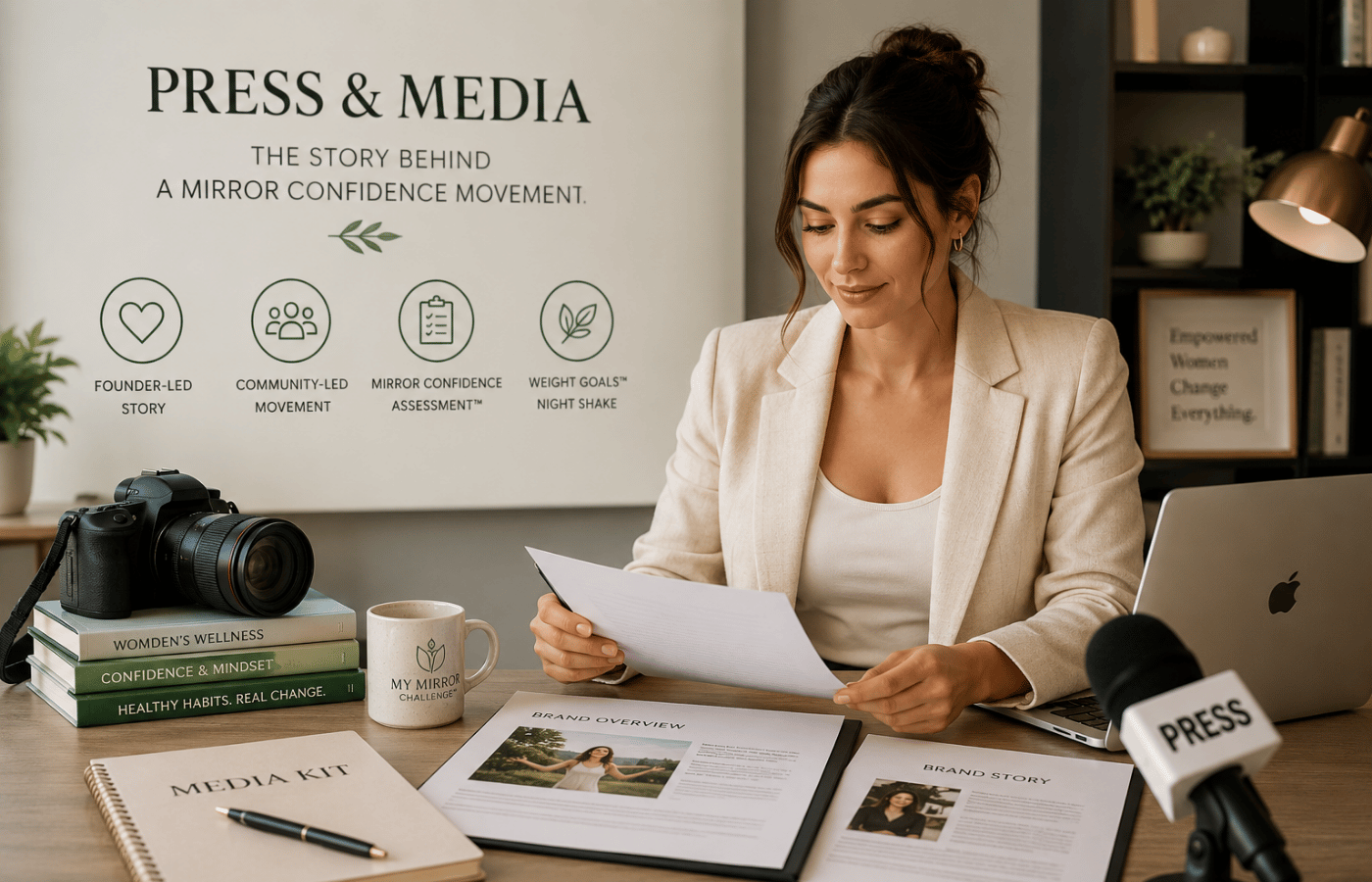 A calm professional woman reviewing media notes in a premium workspace