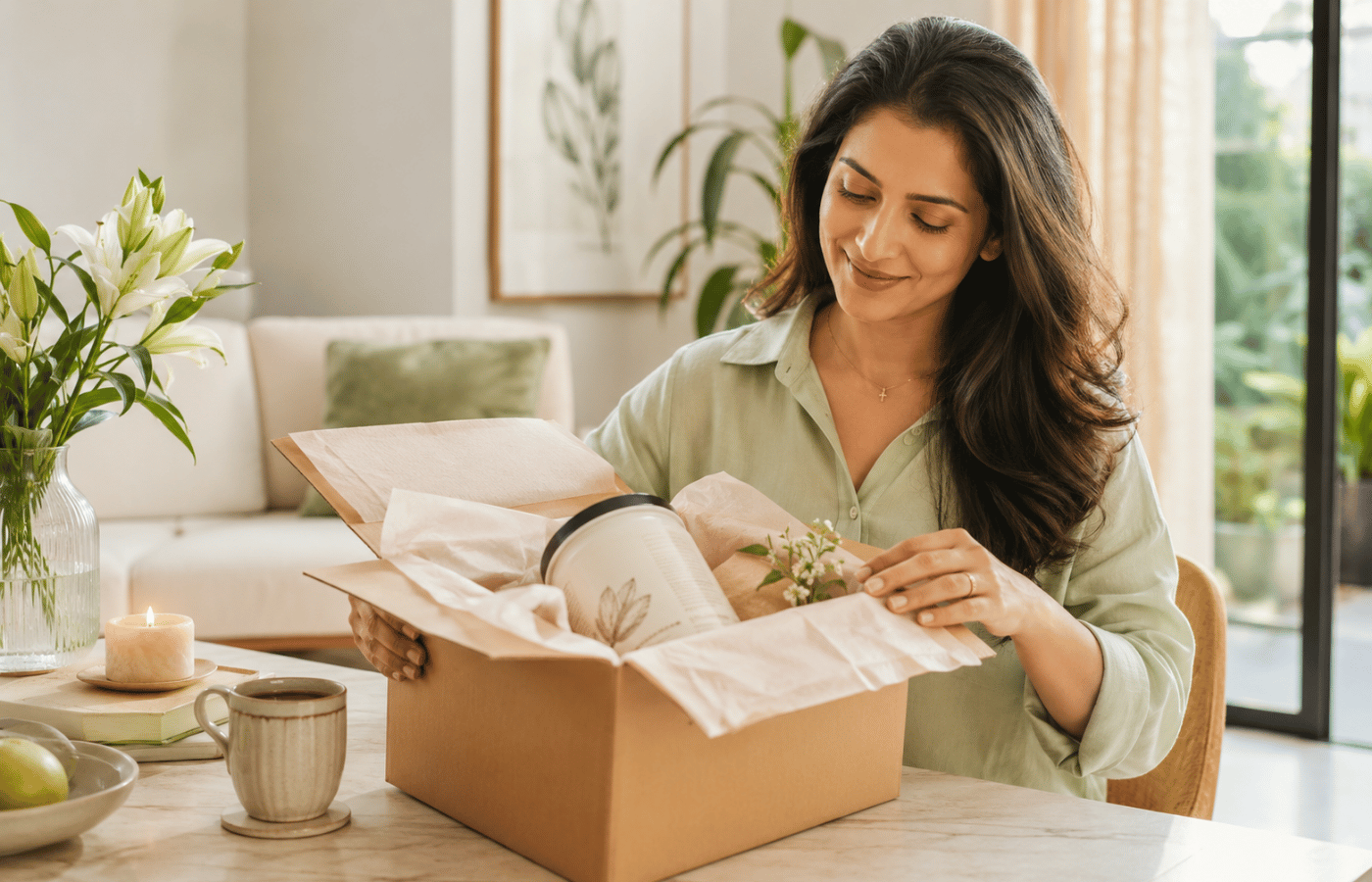 A calm woman receiving a carefully packed wellness product delivery