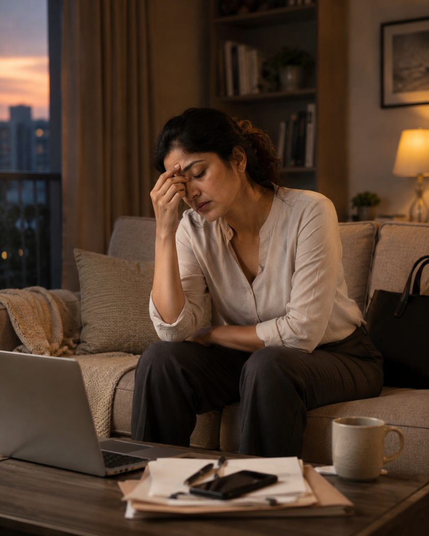 Working woman feeling exhausted after office