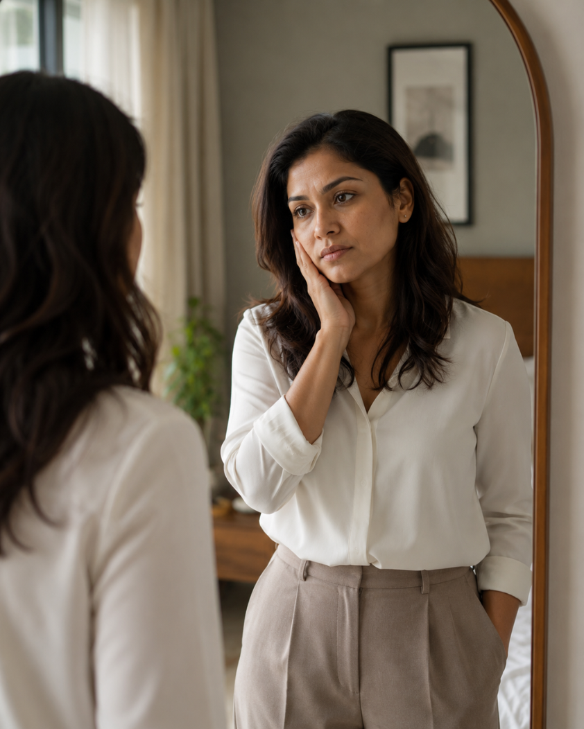 Woman feeling uncomfortable while looking in the mirror