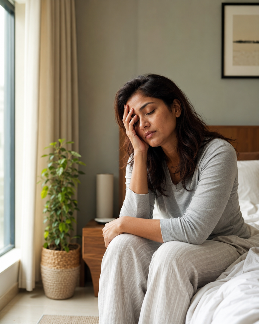 Busy woman feeling tired in the morning