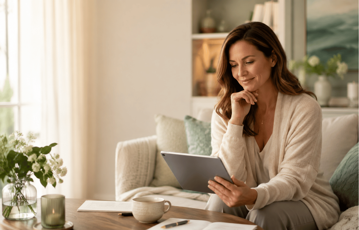 A calm woman reviewing terms and wellness guidance at home