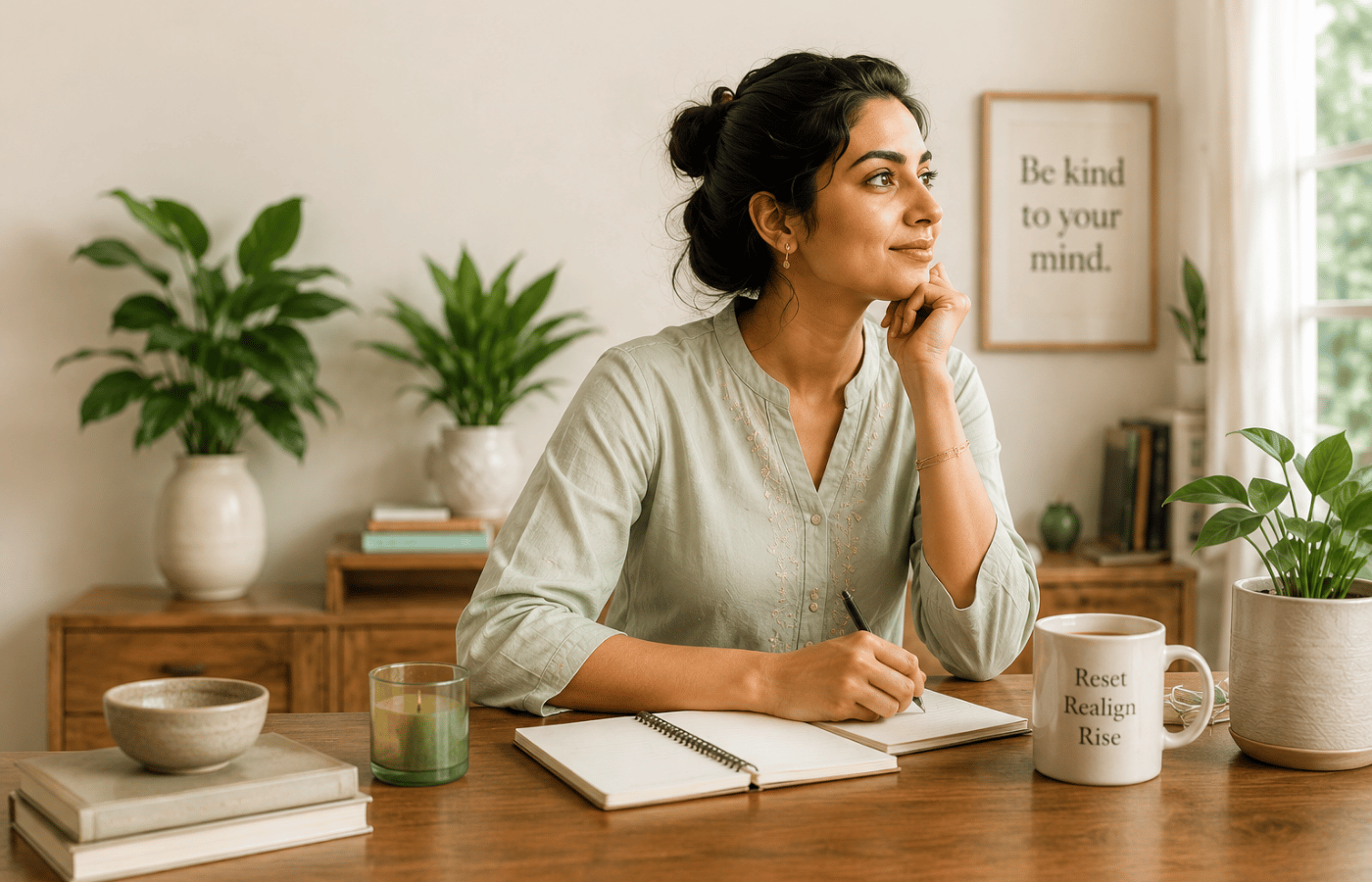A woman reflecting calmly while writing in a journal